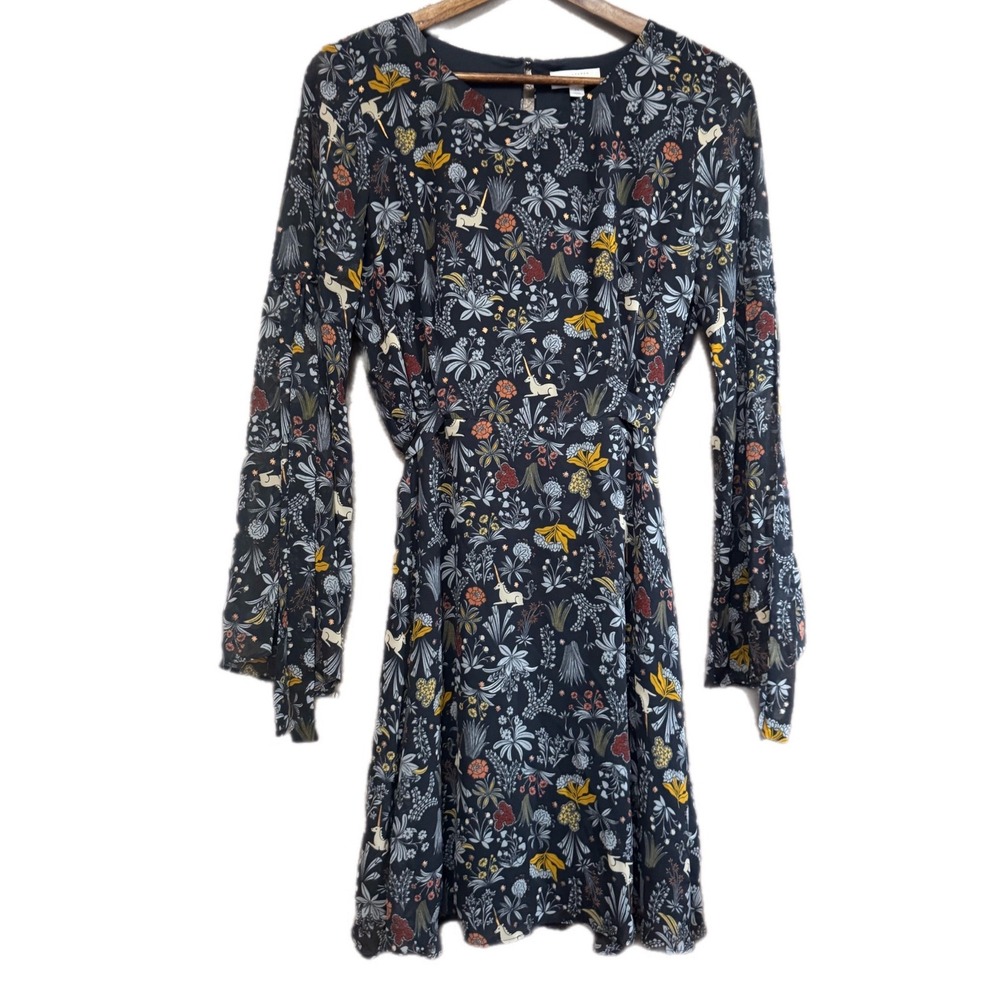 LC Lauren Conrad Runway Dress Womens M Navy Unicorn Floral Mini Excellent Bell